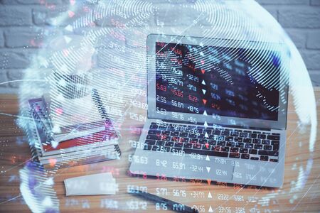 Multi exposure of business theme icons and table with computer background. Concept of success.の写真素材