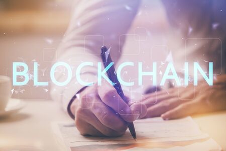 Businessman with hands background. Crypto currency concept.の写真素材