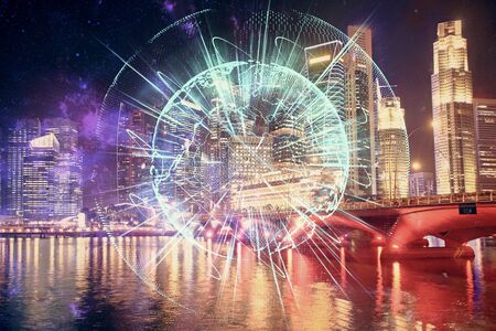 Double exposure of business theme hologram drawing and city veiw background. Concept of success.