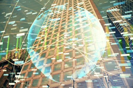 Double exposure of business theme hologram drawing and city veiw background. Concept of success.