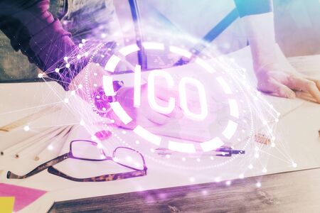 Businessman with hands background. Multi exposure with crypto currency concept.の写真素材