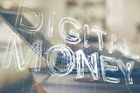 Double exposure of blockchain and crypto economy theme hologram and table with computer background. Concept of bitcoin cryptocurrency.の写真素材