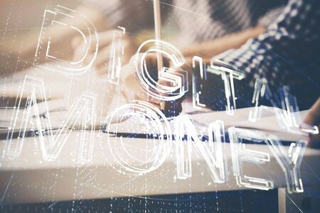 Businessman with hands background. Multi exposure with crypto currency concept.の写真素材