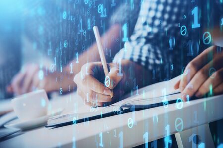 Writing man's hands background with technology icons. Double exposure. Concept of big data.