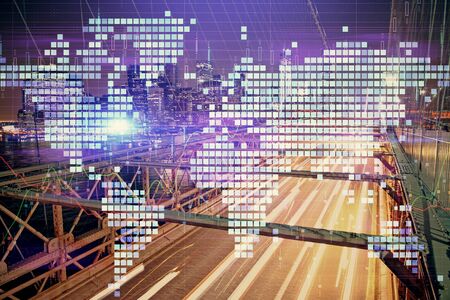 Double exposure of business theme hologram drawing and city veiw background. Concept of success.
