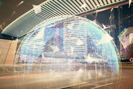 Double exposure of business theme hologram drawing and city veiw background. Concept of success.