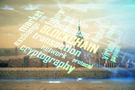 Double exposure of crypto currency theme hologram drawing and city veiw background. Concept of...