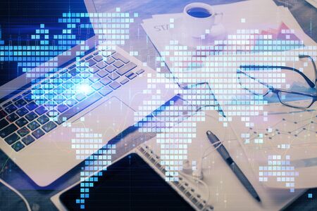 Double exposure of business theme icons and work space with computer background. Concept of success.の写真素材