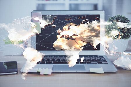 Multi exposure of business theme icons and table with computer background. Concept of success.