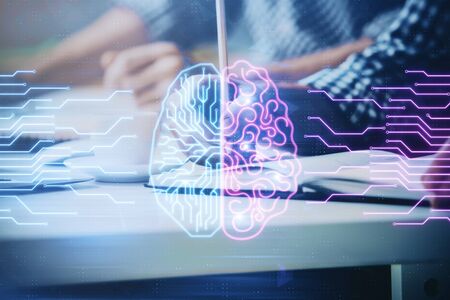 Man with multi exposure atificial intelligence brain icons.