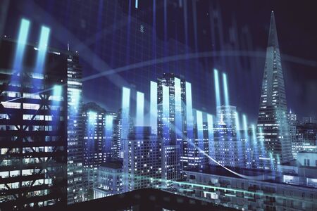 Financial graph on night city scape with tall buildings background multi exposure. Analysis concept.