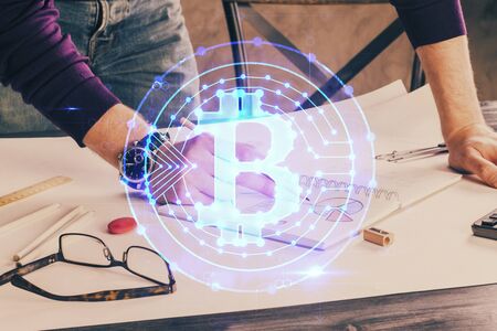 Businessman with hands background. Crypto currency concept.の写真素材