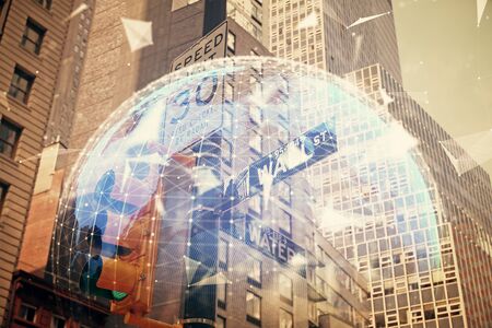 Double exposure of business theme hologram drawing and city veiw background. Concept of success.の写真素材