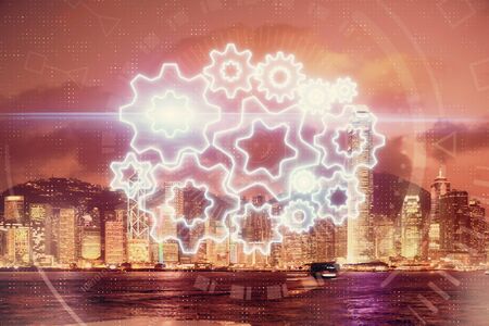 Double exposure of business theme hologram drawing and city veiw background. Concept of success.の写真素材