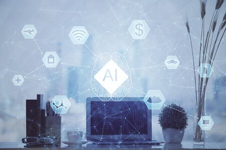 Double exposure of table with computer on background and data theme hologram. Data technology concept.の写真素材