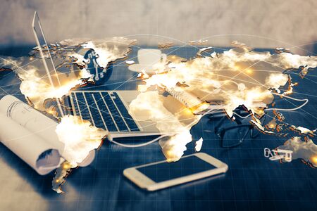 Double exposure of business theme icons and work space with computer background. Concept of success.