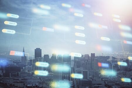 Data theme hologram drawing on city view with skyscrapers background double exposure. Technology...