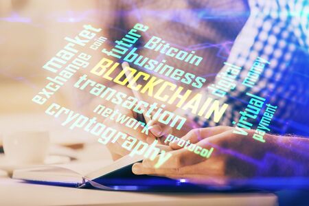 Businessman with hands background. Multi exposure with crypto currency concept.の写真素材