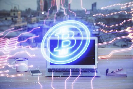 Double exposure of blockchain and crypto economy theme hologram and table with computer background. Concept of bitcoin cryptocurrency.の写真素材
