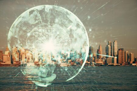 Double exposure of business theme hologram drawing and city veiw background. Concept of success.の写真素材