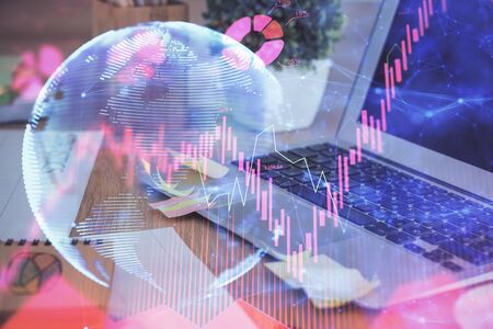 Multi exposure of business theme icons and table with computer background. Concept of success.の写真素材