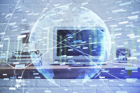 Multi exposure of business theme icons and table with computer background. Concept of success.