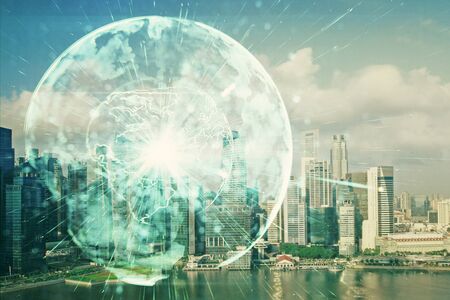 Double exposure of business theme hologram drawing and city veiw background. Concept of success.