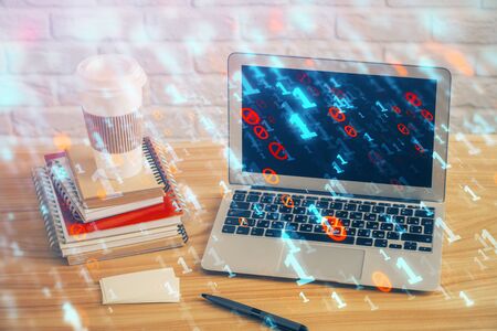 Technology theme drawing and table with computer. Double exposure. Concept of information.の写真素材