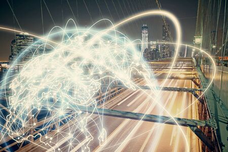 Double exposure of business theme hologram drawing and city veiw background. Concept of success.の写真素材