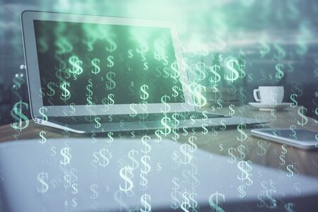 Forex Chart hologram on table with computer background. Double exposure. Concept of financial markets.の写真素材