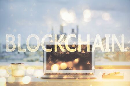 Double exposure of blockchain and crypto economy theme hologram and table with computer background. Concept of bitcoin cryptocurrency.の写真素材