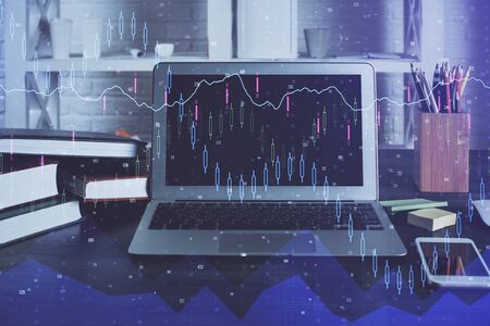 Multi exposure of forex chart and work space with computer. Concept of international online trading.の写真素材