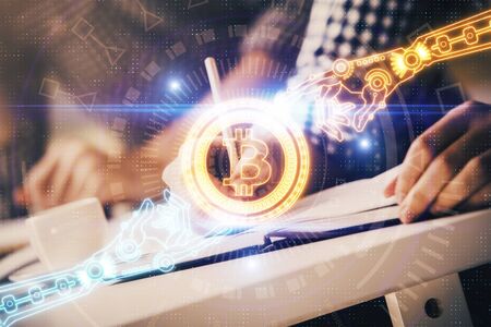 Businessman with hands background. Crypto currency concept.
