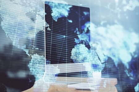 Multi exposure of business theme icons and table with computer background. Concept of success.の写真素材