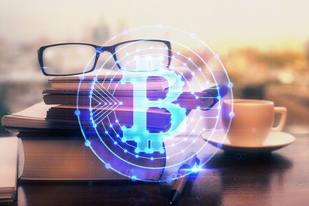 Crypto theme hologram with glasses on the table background. Concept of blockchain. Double exposure.の写真素材
