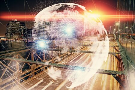 Double exposure of business theme hologram drawing and city veiw background. Concept of success.