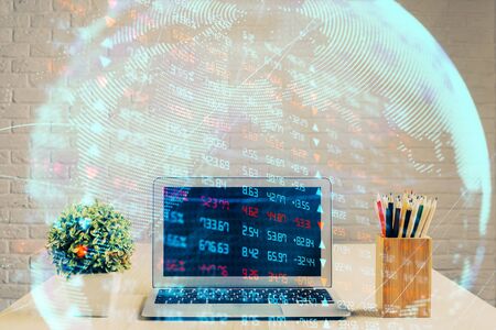 Double exposure of business theme icons and work space with computer background. Concept of success.の写真素材