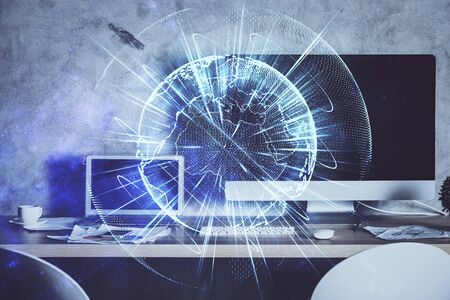 Multi exposure of business theme icons and table with computer background. Concept of success.の写真素材