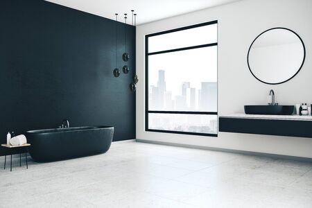 Concrete bathroom interior with decorative objects. Style and design concept. 3D Renderingの写真素材