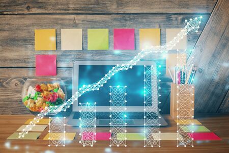 Double exposure of forex graph and work space with computer. Concept of international online...