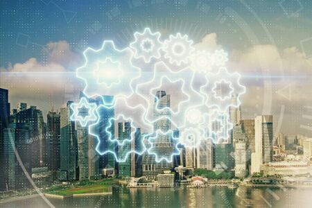 Double exposure of business theme hologram drawing and city view background. Concept of success.