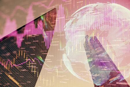 Forex chart on cityscape with tall buildings background multi exposure. Financial research concept.の写真素材