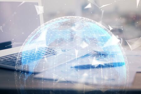 Double exposure of business theme icons and work space with computer background. Concept of success.