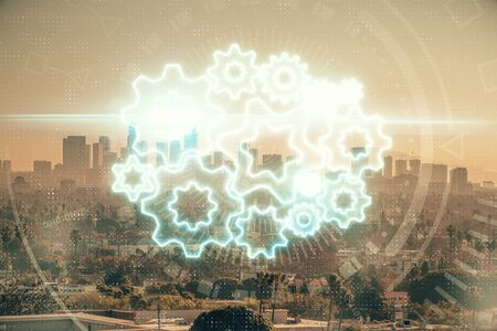 Double exposure of business theme hologram drawing and city veiw background. Concept of success.の写真素材