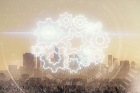 Double exposure of business theme hologram drawing and city veiw background. Concept of success.