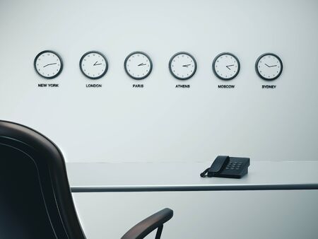 Business interior with armchair. World time watches on wall. 3D Renderingの写真素材