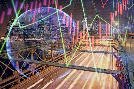 Forex chart on cityscape with tall buildings background multi exposure. Financial research concept.