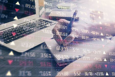 Forex chart displayed on womans hand taking notes background. Concept of research. Multi exposure