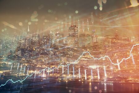 Financial graph on night city scape with tall buildings background double exposure. Analysis...
