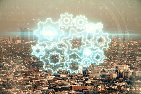 Double exposure of business theme hologram drawing and city view